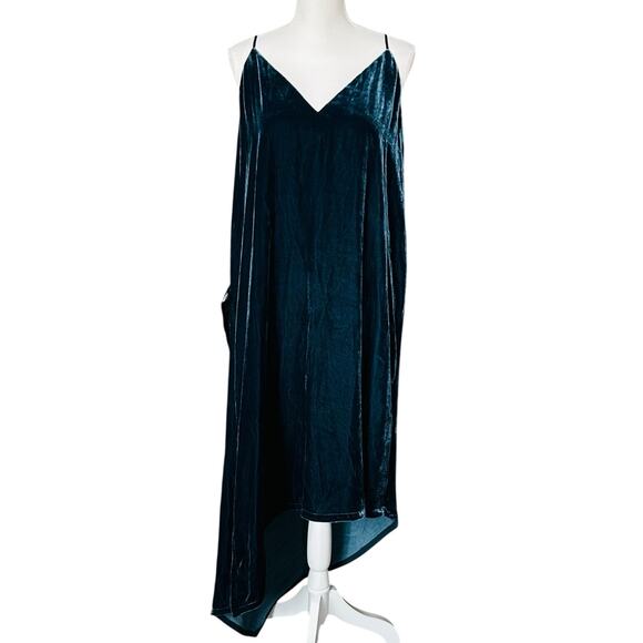 BCBGMAXAZRIA Elana Asymmetrical Hem Velvet Dress in Midnight‎ Teal-Size L - Picture 1 of 7